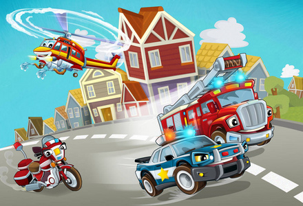 消防车和警车在路上的卡通场景儿童插画