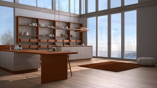 现代橙色木制厨房，带岛凳子地毯和配件拼花地板波纹板屋顶冬季全景窗雪极简室内设计