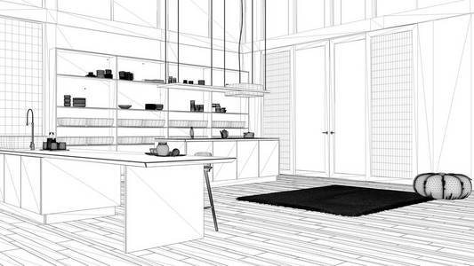 蓝图项目草案，现代厨房双岛，凳子，地毯和配件，拼花地板，波纹板屋顶，全景窗，极简室内设计