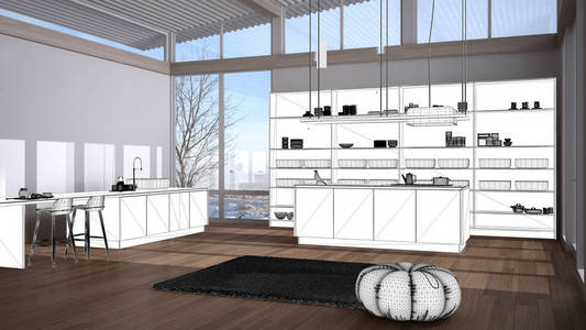 蓝图项目草案，带岛和配件的现代厨房草图，室内设计理念，带拼花地板和窗户的现代公寓，最小家具理念