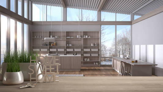 木制桌子书桌或架子上有盆栽草房子钥匙和3D字母home sweet home白色和木质厨房建筑内部设计复制空间背景