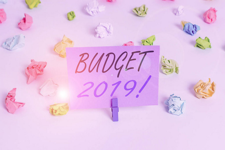 手写文本写作预算2019年。概念意义本年度收支预算彩色皱折纸空提示白色地板背景衣夹。