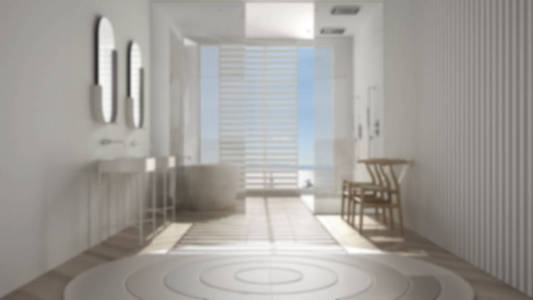 模糊背景室内设计豪华现代浴室，人字形拼花地板，全景窗，浴缸，淋浴和双水槽，最小明亮的建筑概念理念