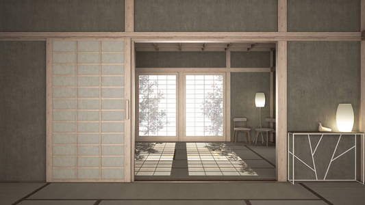 Empty open space with mats tatami and futon floor, plaster walls