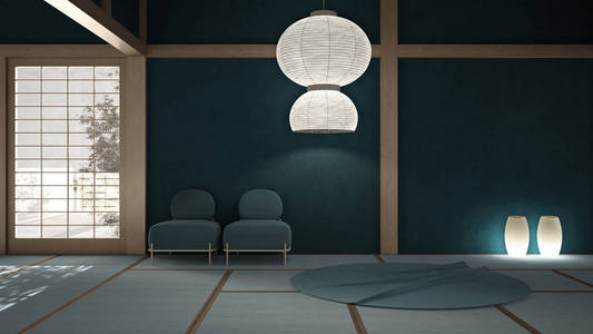 Empty open space, mats, tatami and futon floor, blue plaster wal