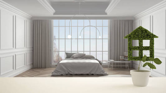 白色的桌面或搁板上有绿色植物的锅状房子，背景是现代模糊的经典卧室，室内设计，房地产，生态建筑理念