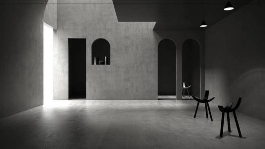 休息大厅休息室经典的灰色混凝土室内空间,阳光投射在墙壁和地板上