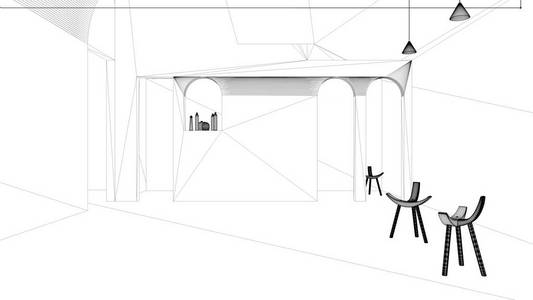 蓝图项目草案，经典的混凝土室内空间，大堂，大厅，客厅，休息室，几何结构设计吊灯和扶手椅