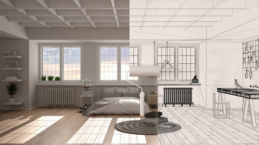 油漆辊画室内设计蓝图素描背景,空间变得真实,展现现代居室.