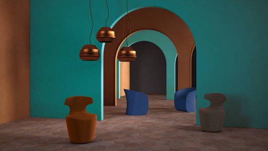 经典玄学超现实主义室内设计,客厅陶瓷地板,开放空间,拱门与灰泥色