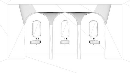 蓝图项目草案，带水槽和镜子的经典东方浴室，灰泥墙的现代空间，室内设计拱门，瓷砖的空白空间，东方拱门