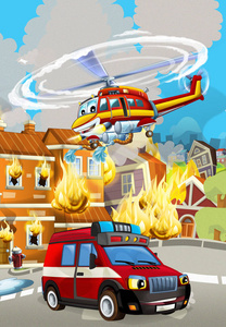消防车在着火建筑物附近的卡通场景儿童插图