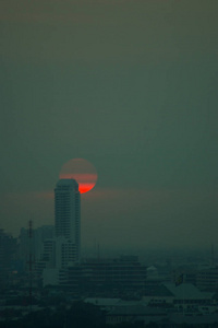 大城市的晚霞和高楼中的红日图片