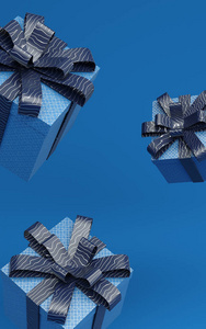 经典的蓝色礼物盒悬浮在空气三维渲染插图与图案带.2020年流行色照片