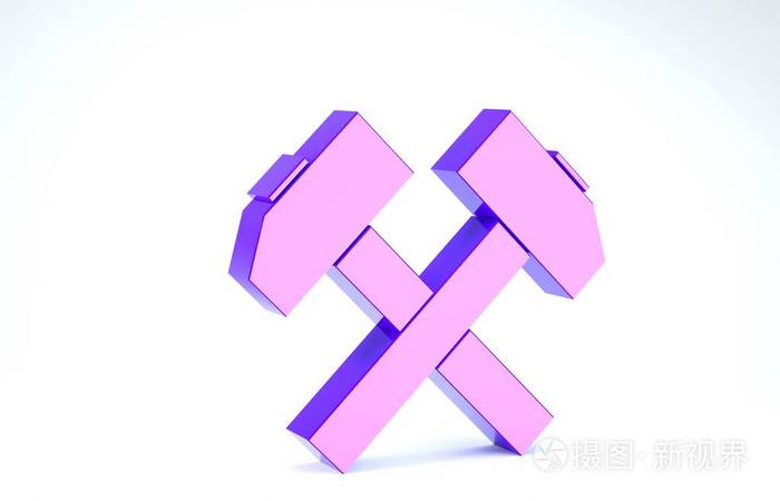 紫色的两个交叉的锤子图标孤立在白色背景上维修工具三维插图三维渲染