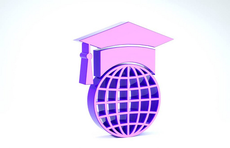 紫色毕业帽上的地球图标孤立的白色背景。世界教育标志。在线学习或elearning概念。三维插图三维渲染