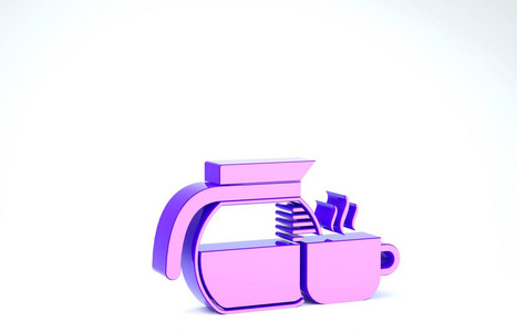 紫色咖啡壶与杯子图标隔离在白色背景上。三维插图三维渲染