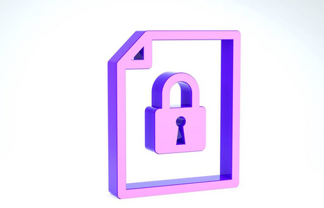 紫色文档和锁图标隔离在白色背景上。文件格式和挂锁。安全，安全，保护理念。三维插图三维渲染