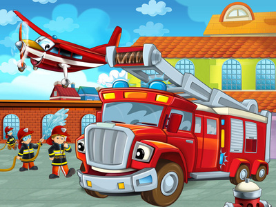 消防站附近道路上消防员汽车卡通场景儿童插图
