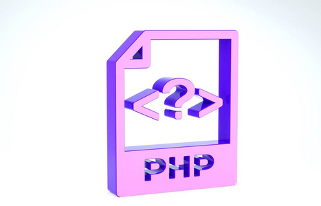 紫色PHP文件文档。下载php按钮图标隔离在白色背景上。PHP文件符号。三维插图三维渲染