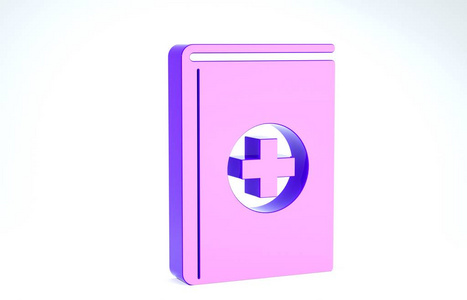 白色背景上孤立的紫色医学书籍图标。三维插图三维渲染