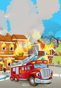 消防车在着火建筑物附近的卡通场景儿童插图