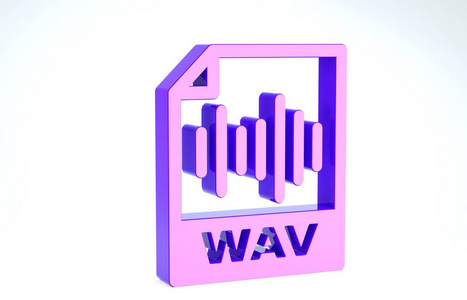 紫色WAV文件文件。下载wav按钮图标隔离在白色背景上。数字音频riff文件的WAV波形音频文件格式。三维插图三维渲染