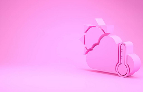 粉红色的温度计和云，在粉红色的背景上隔离太阳图标。极简主义概念。三维插图三维渲染