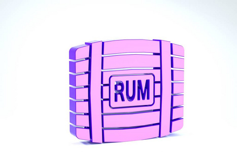 白色背景上带有朗姆酒图标的紫色木桶。三维插图三维渲染