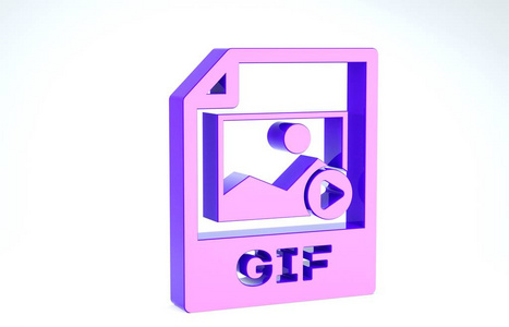 紫色GIF文件文档。下载白色背景上隔离的gif按钮图标。GIF文件符号。三维插图三维渲染