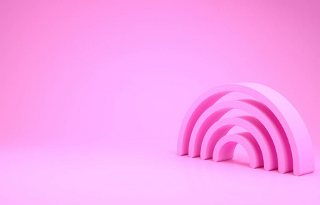 粉红色彩虹图标隔离在粉红色背景上。极简主义概念。三维插图三维渲染