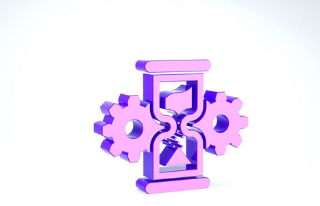 紫色沙漏和齿轮图标隔离在白色背景上。时间管理符号。时钟和齿轮图标。商业理念。三维插图三维渲染