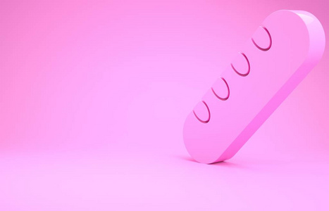 粉色法国法式法式面包图标，独立于粉色背景。极简主义概念。三维插图三维渲染