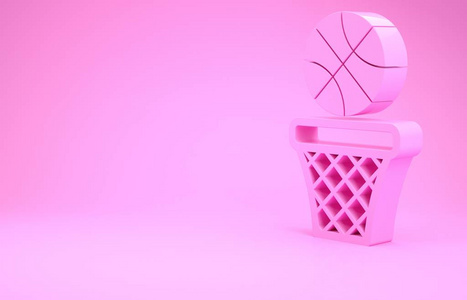 粉红色篮球和篮子图标隔离在粉红色背景上。篮球圈里的球。极简主义概念。三维插图三维渲染