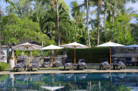 reclining lounge chairs under large umbrellas next to swimming p