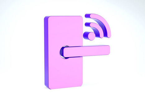 紫色数字门锁与无线技术解锁图标隔离在白色背景。门把手标志。安全智能家居。三维插图三维渲染