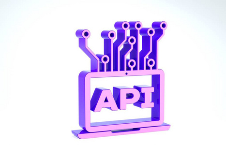 白色背景上隔离的紫色计算机api接口图标。应用程序编程接口API技术。软件集成。三维插图三维渲染