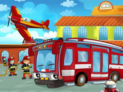 消防站附近道路上消防员汽车卡通场景儿童插图