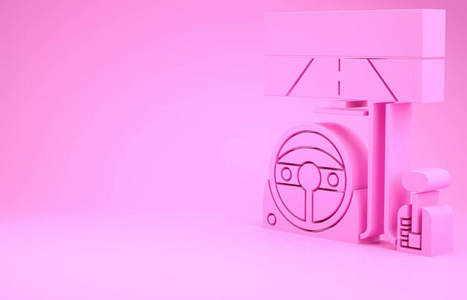 粉红色赛车模拟器驾驶舱图标隔离在粉红色背景上。游戏配件。驾驶模拟游戏小工具。极简主义概念。三维插图三维渲染