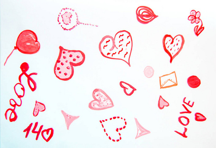 情人节的一系列元素。红心，粉色背景的气球。水彩手绘插图