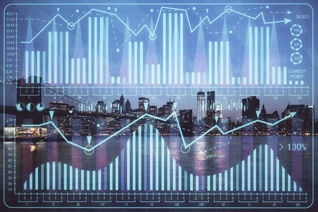 金融图形夜市景观与高楼背景双重曝光。分析概念。