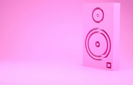 粉红色立体声扬声器图标隔离在粉红色背景上。音响系统扬声器。音乐图标。音箱低音设备。极简主义概念。三维插图三维渲染