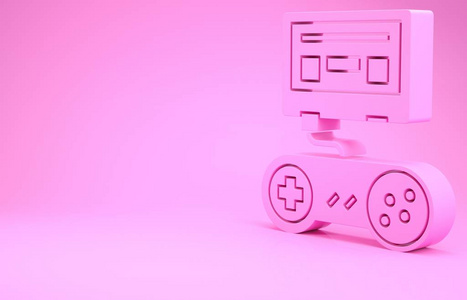 粉红色视频游戏机与操纵杆图标隔离在粉红色背景上。极简主义概念。三维插图三维渲染