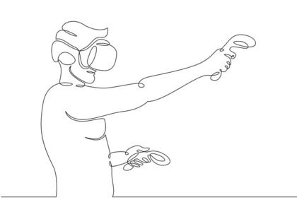 一个连续的单线艺术涂鸦人头盔虚拟现实