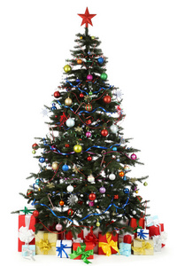 圣诞冷杉树与装饰品和礼品盒隔离在whi