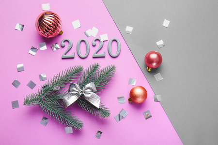 2020年图，彩色背景圣诞装饰
