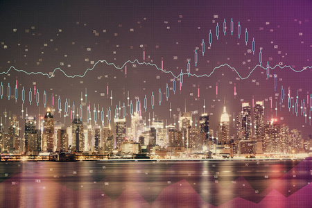 金融图夜市景观与高楼背景多重曝光。分析概念。
