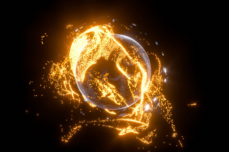 发光粒子环绕地球,三维渲染.照片