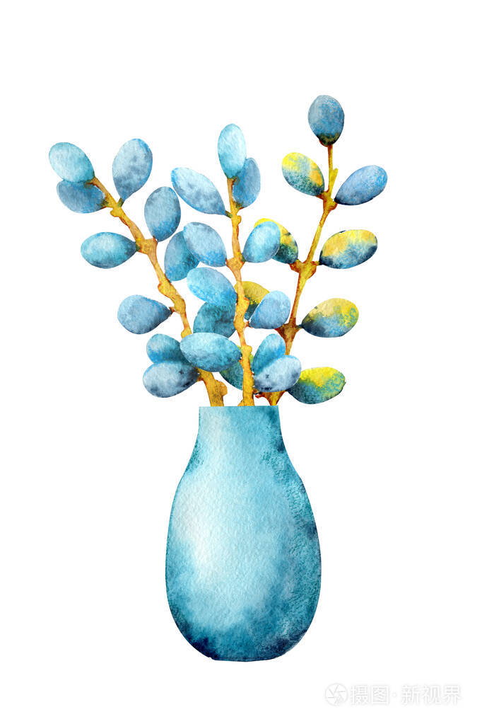 花瓶里的复活节柳枝.白色背景上独立的手绘水彩画.