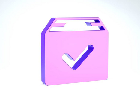 白色背景上带有复选标记图标的紫色包装盒。带有复选标记的包裹箱。批准交付或成功接收包裹。三维插图三维渲染